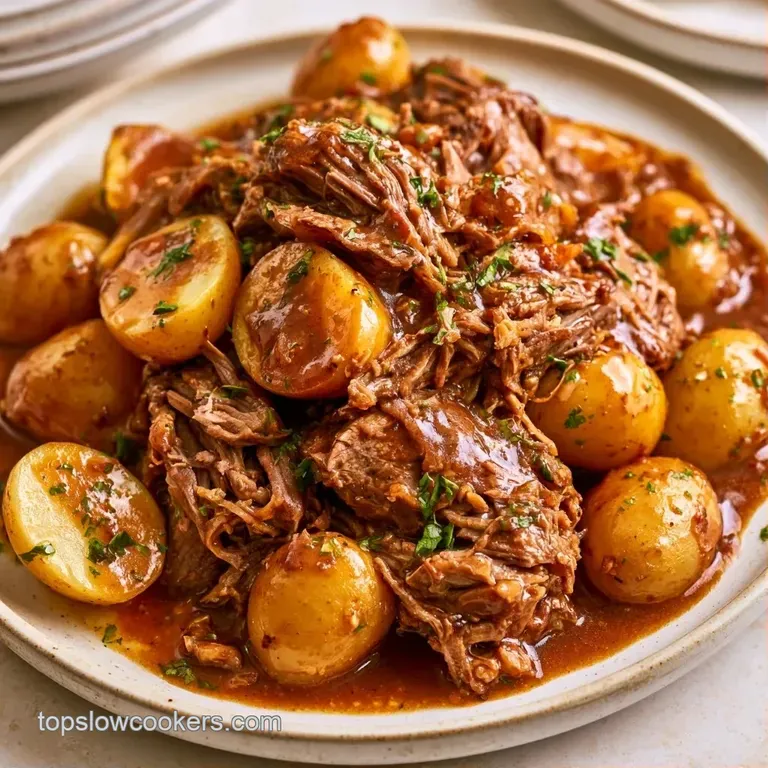 Slices of tender brown beef served with halved gold potatoes and bright orange carrots in a glossy, savory sauce.