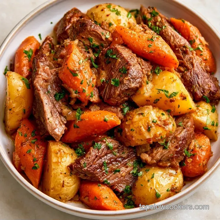 A neat heap of caramelized root vegetables garnished with fresh parsley on a matte white ceramic plate.