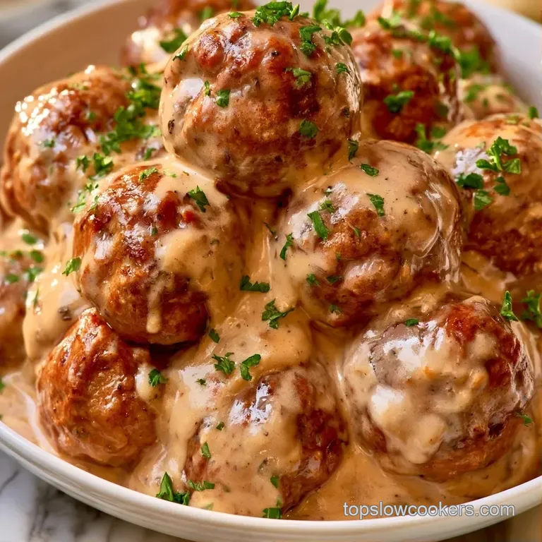 Plump meatballs in silky cream sauce served over fluffy white mashed potatoes in a shallow ceramic white bowl.