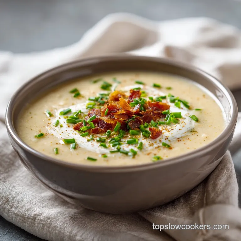 An elegantly plated bowl of rich potato soup topped with crispy bacon bits and fresh parsley.
