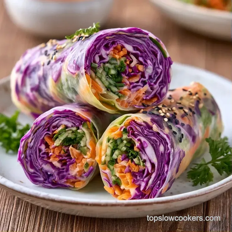 Sliced translucent rolls arranged on a white ceramic plate with bright green mint leaves and a rich brown dip.