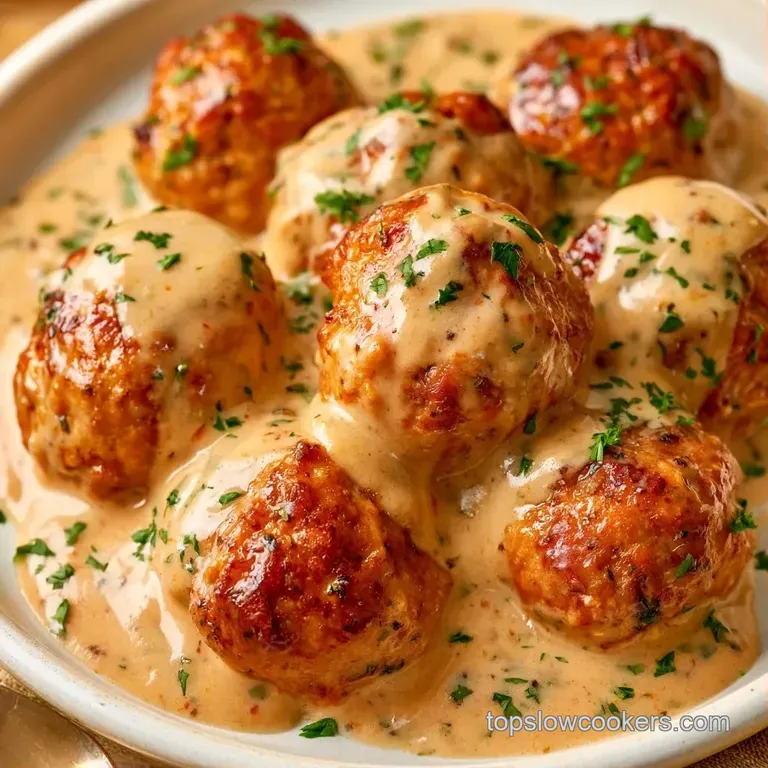 Small brown meatballs coated in a velvety cream sauce on a white ceramic plate, garnished with fresh green parsley.