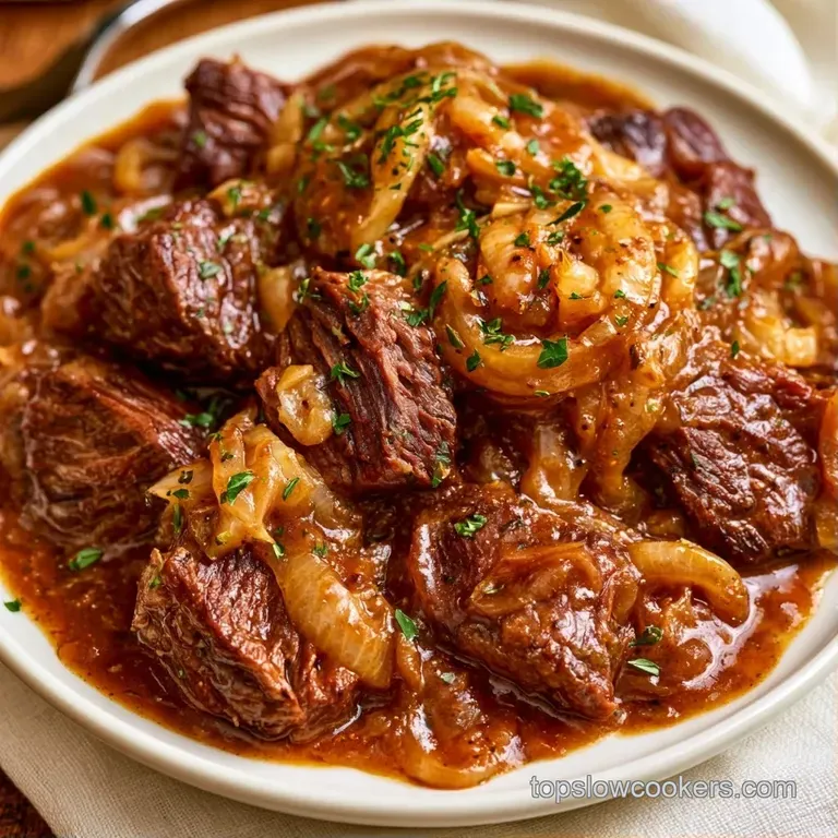 Elegant slices of tender beef chuck fanned on a white platter, edges glistening with rich pan juices and golden onions.