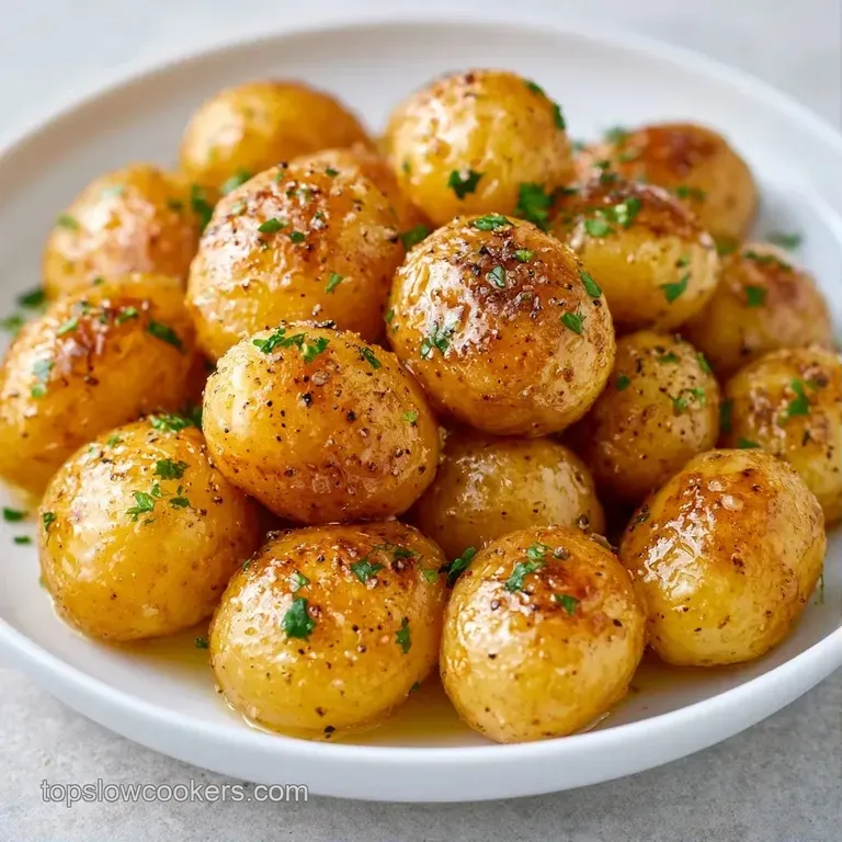 Golden potato chunks piled high on a ceramic platter, drizzled with melted butter and sprinkled with fresh chives.