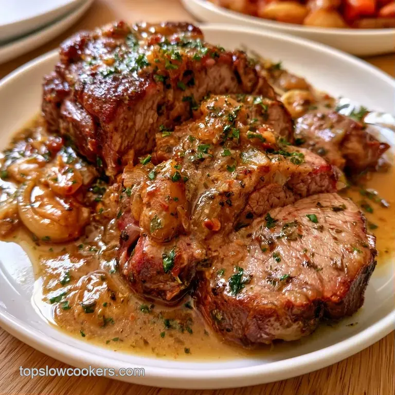 Sliced tender beef on a white platter, surrounded by soft yellow onions and drizzled with a glossy herb-flecked sauce.