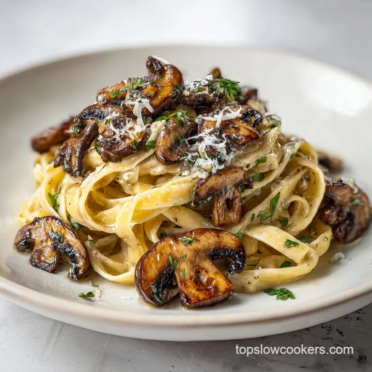 Swirled pasta nests topped with golden-brown mushrooms, shaved parmesan, and a sprig of fresh herbs on a slate board.