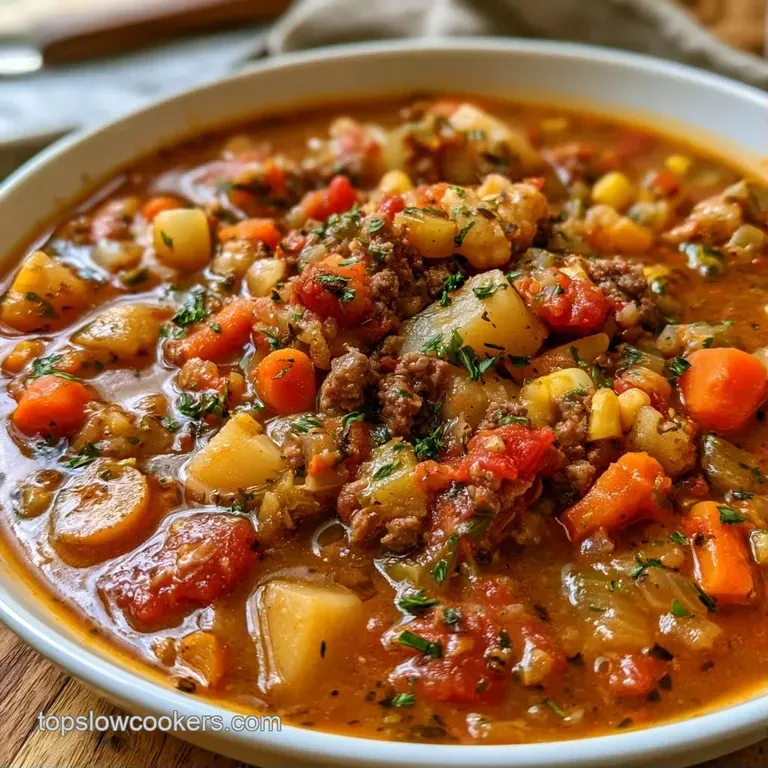 A rustic ceramic bowl of steaming beef and vegetable stew topped with fresh parsley on a weathered wooden tabletop.