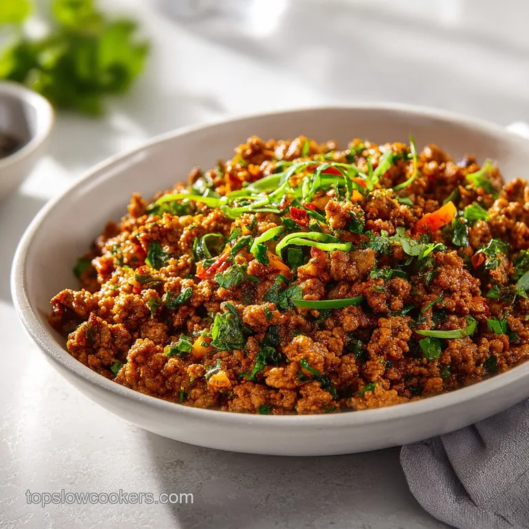 A neat mound of savory ground beef topped with fresh parsley, served alongside fluffy rice.