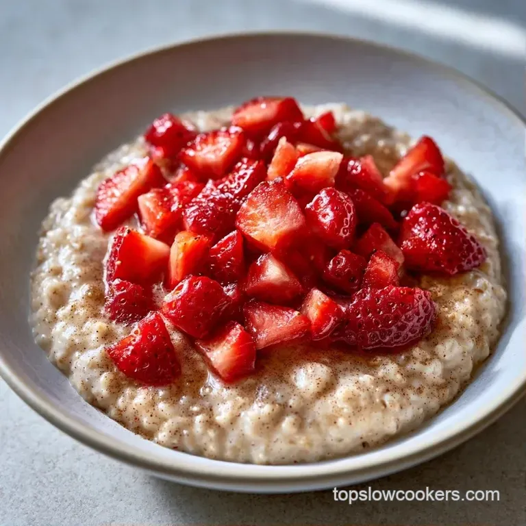 Pale pink porridge in a white bowl garnished with vibrant sliced strawberries and a sprig of fresh mint.