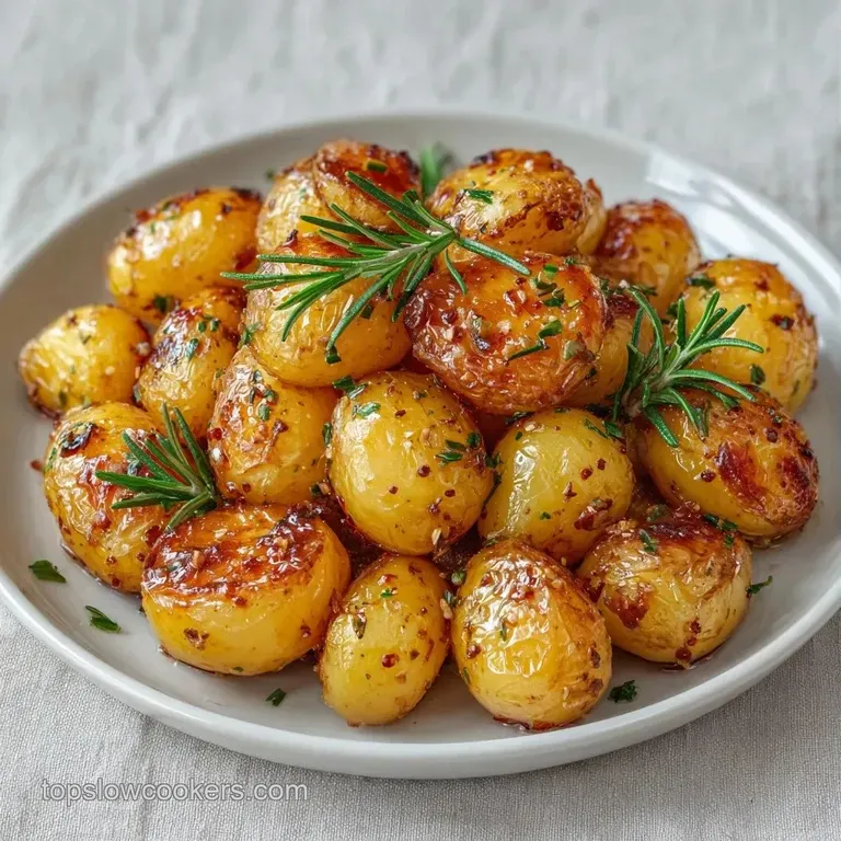 A white ceramic platter of golden potato wedges garnished with fresh rosemary sprigs and cracked black pepper.