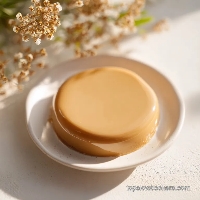 A delicate dollop of dulce de leche, spooned onto a dark plate, with a scattering of toasted coconut flakes.