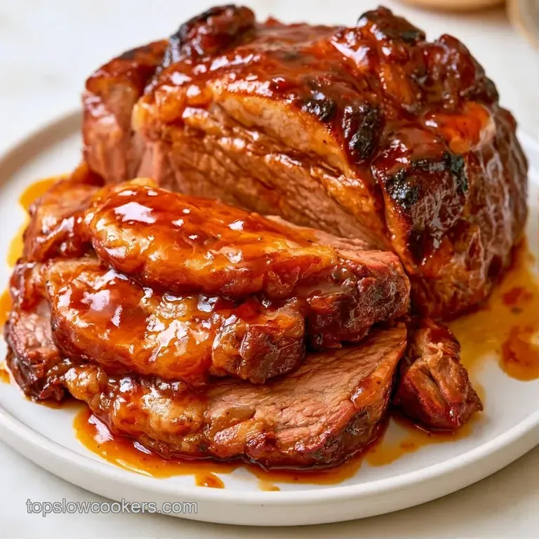Elegant slices of glistening brown beef paired with tender, honey-glazed carrots and translucent onions on a platter.