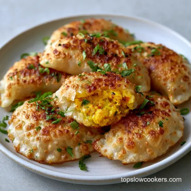 Translucent dumplings artfully arranged on a dark plate with vibrant swirls of tamarind sauce and fresh herbs.