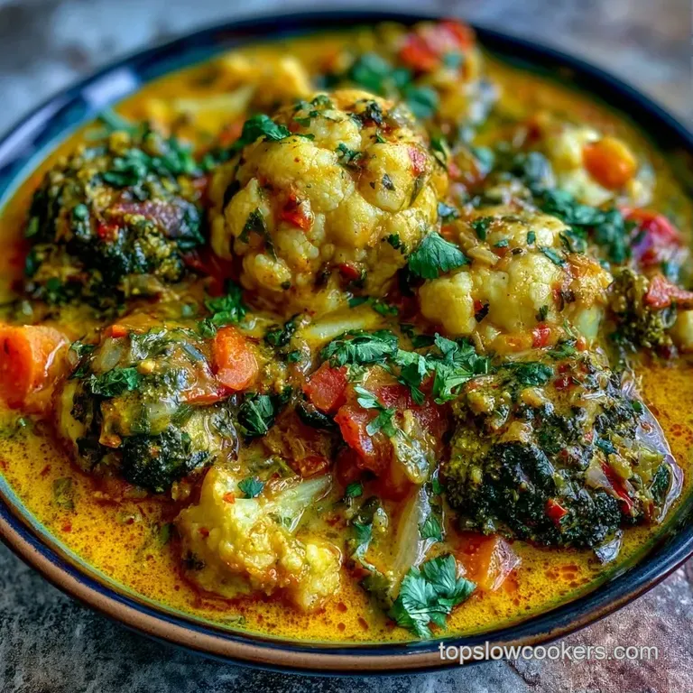 A white bowl of golden vegetable curry with a swirl of cream and cilantro, served beside fluffy white basmati rice.