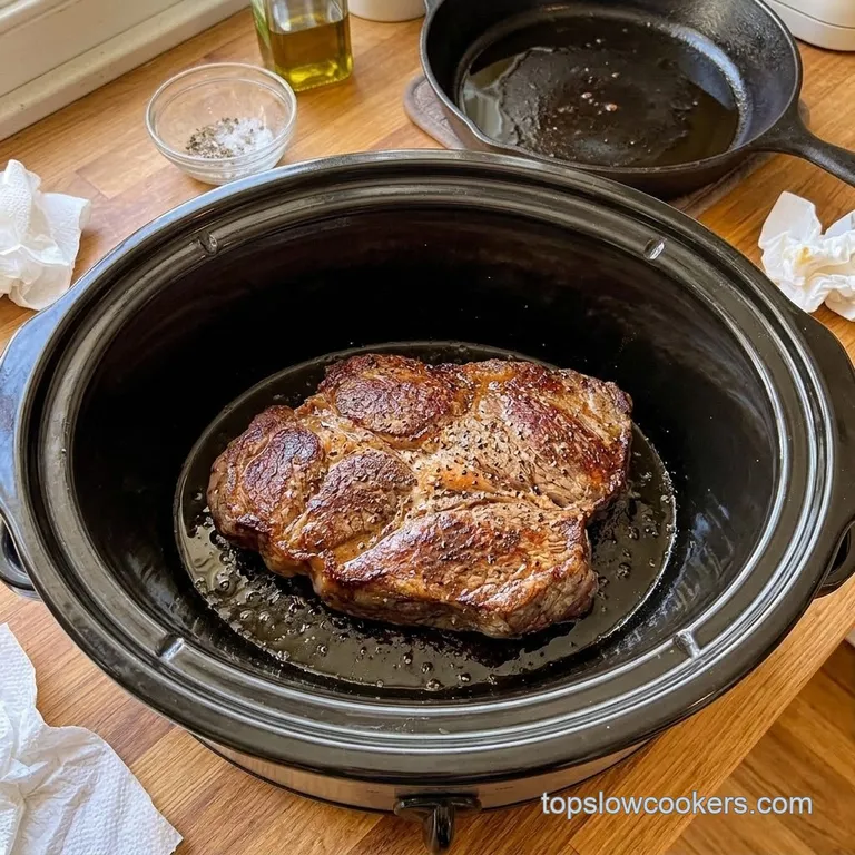 Seared beef roast with a dark golden brown crust in a slow cooker