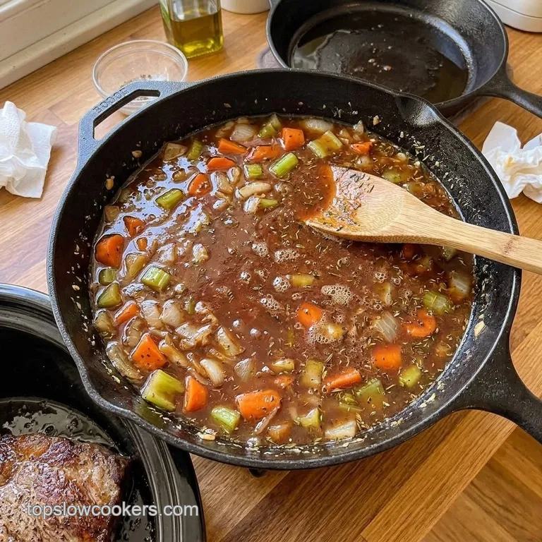 Saut&eacute;ed vegetables and beef broth simmering in a skillet