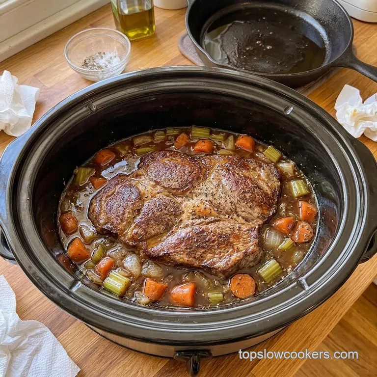 Tender slow cooked beef roast with carrots and celery in a slow cooker