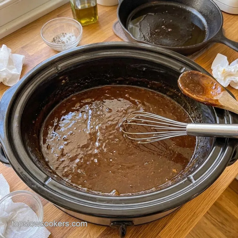 Thick, glossy brown beef gravy in a slow cooker