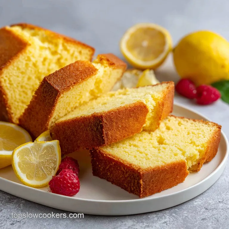 A slice of golden-hued pound cake, glistening with a delicate glaze, artfully arranged with fresh berries.