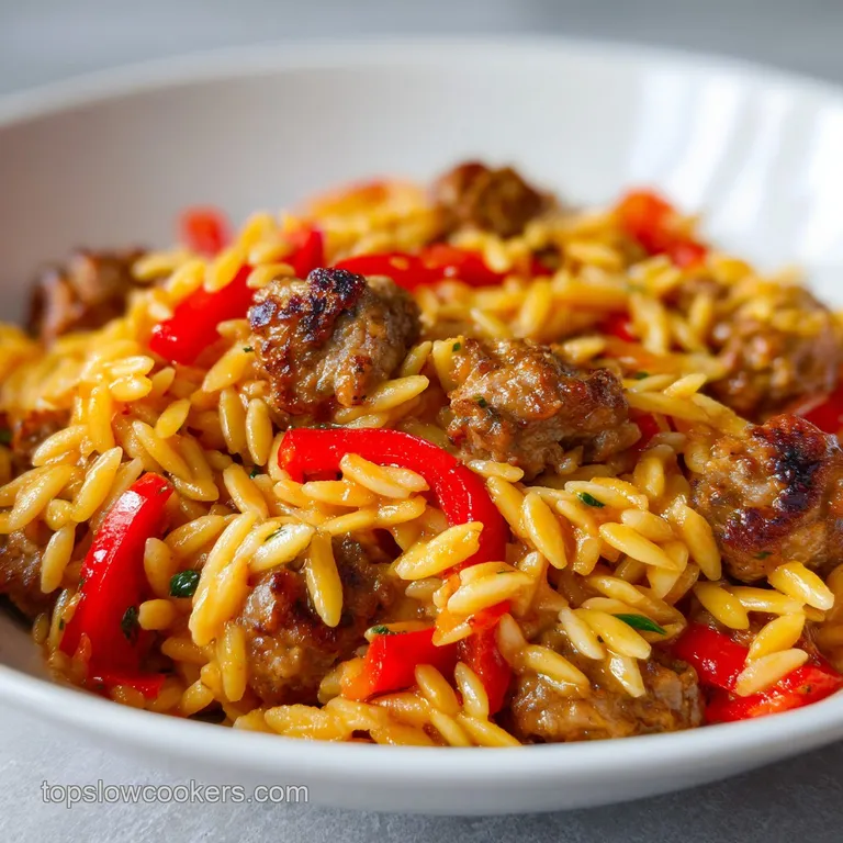 A shallow white bowl filled with creamy rice-shaped pasta, browned sausage crumbles, and a fresh parsley garnish.