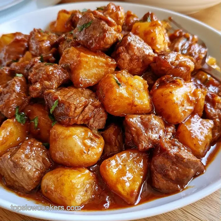 Deep ceramic bowl of rustic beef stew topped with fresh parsley and served with a slice of toasted sourdough.
