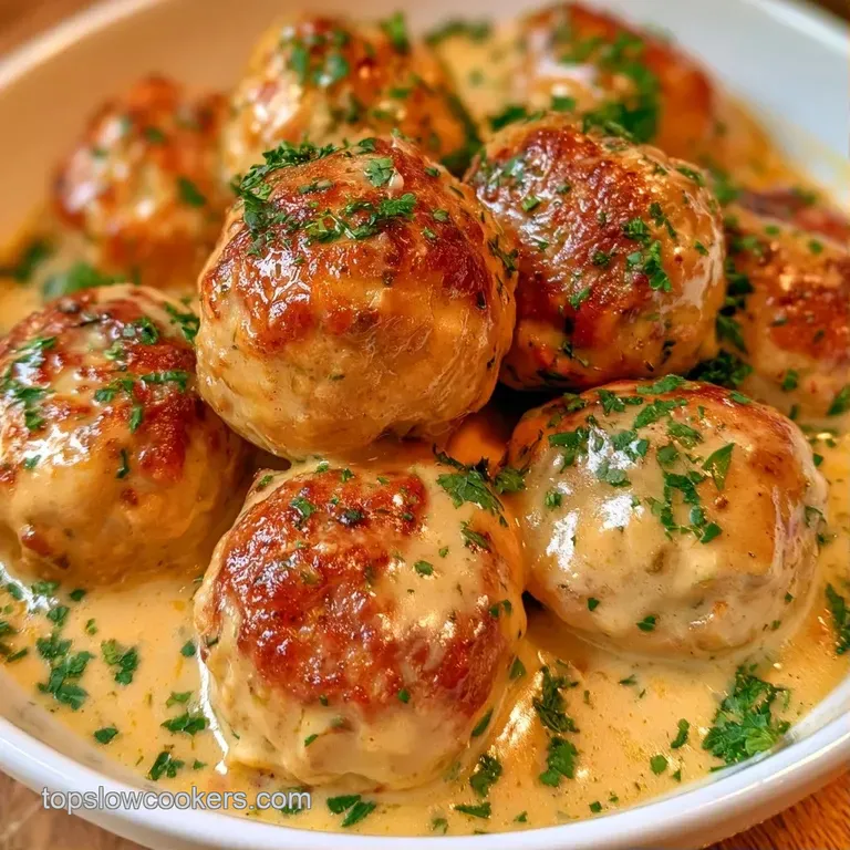 Golden-brown meatballs nestled in a velvet cream sauce beside a scoop of fluffy mashed potatoes and tart red berries.