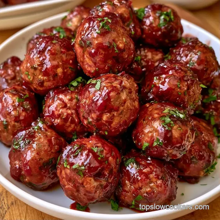 Shiny, dark glazed meatballs arranged on a slate platter with colorful cocktail picks and fresh green garnish.