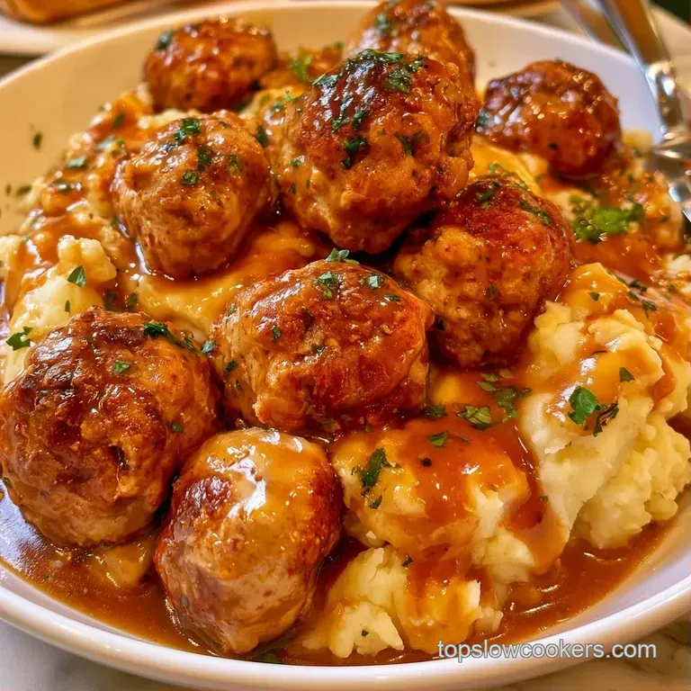A swirl of smooth white potatoes topped with three seared brown meat spheres and a drizzle of rich, dark savory sauce.
