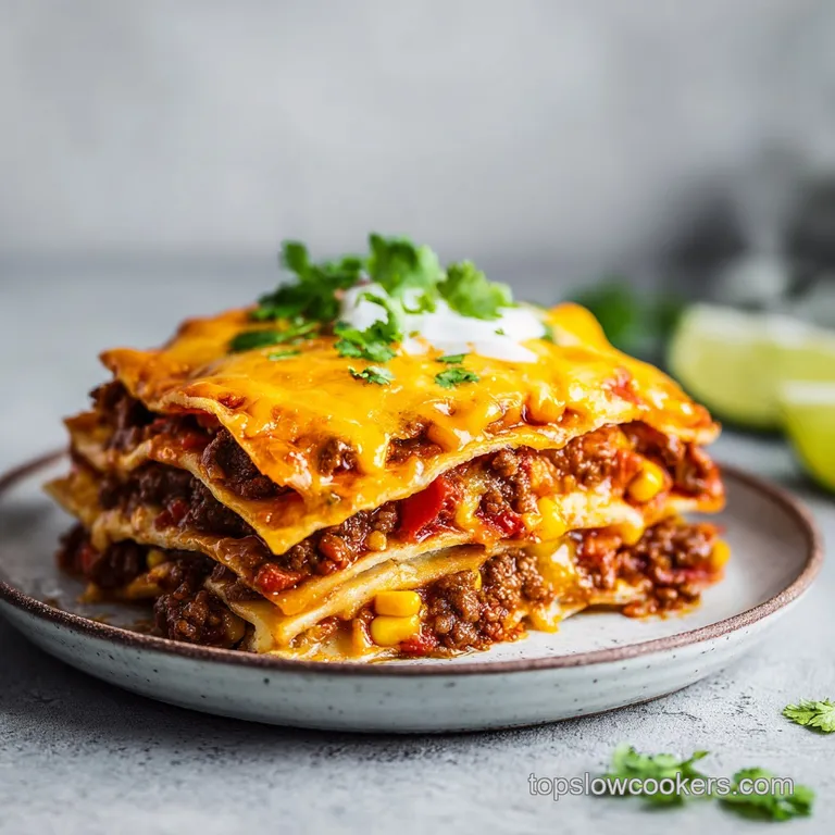 A generous scoop of cheesy Mexican lasagna with visible layers, garnished with a dollop of sour cream.
