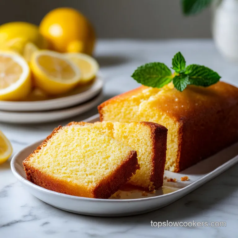 Elegant slice of golden pound cake artfully arranged with a dusting of sweet crumbs and a sprig of mint.