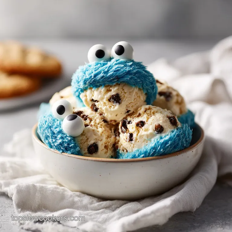 A generous scoop of bright blue ice cream, topped with a whole chocolate chip cookie.