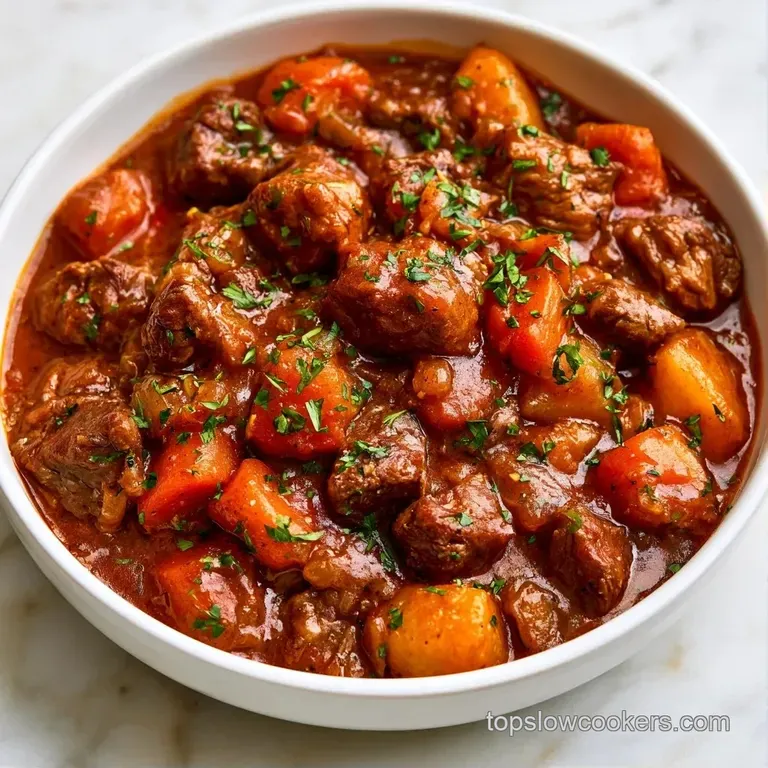 A rustic ceramic bowl filled with chunky beef and vegetable stew, topped with fresh parsley and crusty bread.