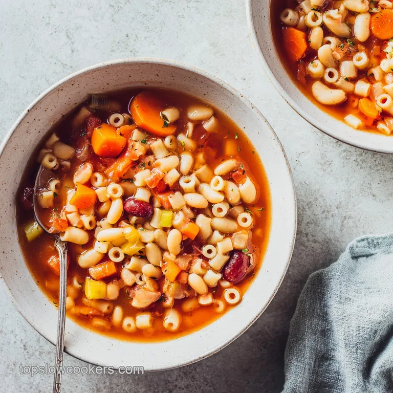 Steaming rustic bowl of thick tomato soup with small pasta and white beans, garnished with a sprig of fresh parsley.