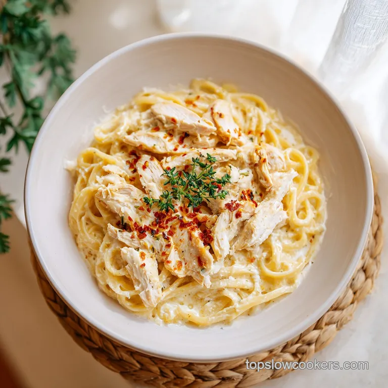 A generous swirl of pasta with chicken and sauce, garnished with fresh parsley on a white plate.