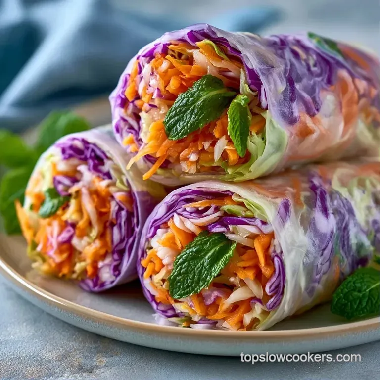 Sliced translucent rolls showing vibrant orange and green fillings, plated neatly beside a small bowl of peanut sauce.