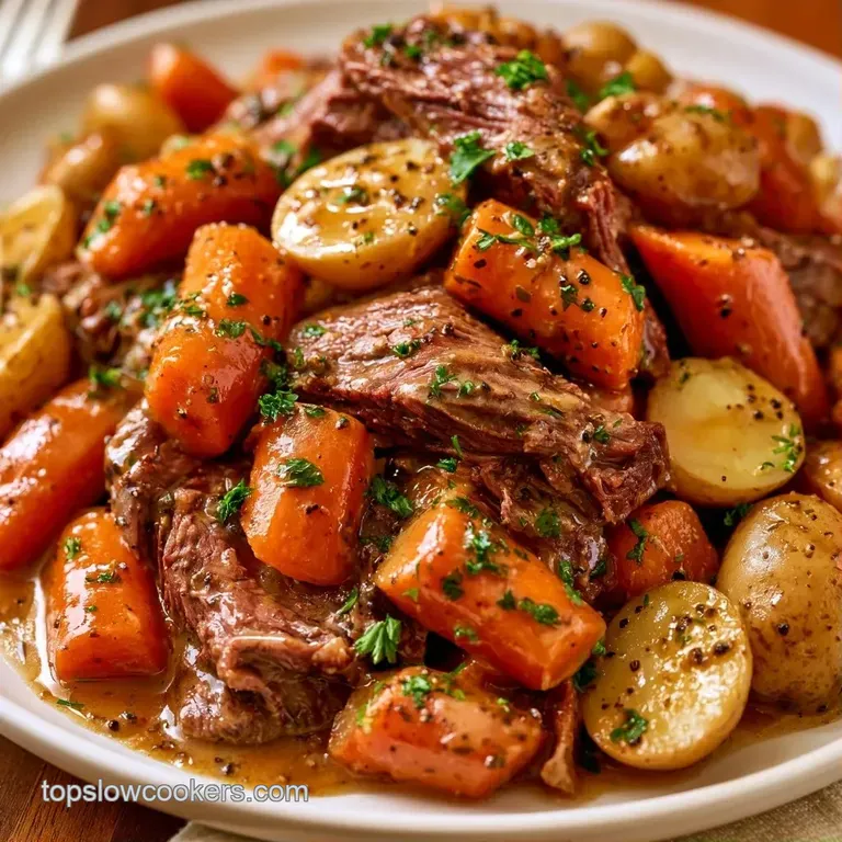 Sliced tender beef with cracked peppercorns, glazed carrots, and golden potatoes drizzled in a rich brown sauce.