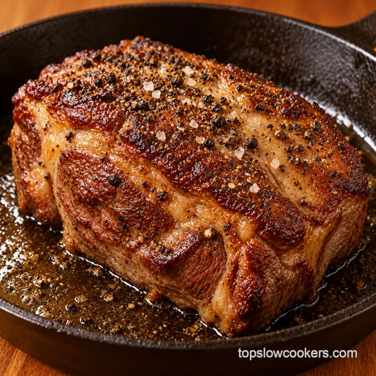 A seared beef chuck roast with a brown crust in a cast-iron skillet.