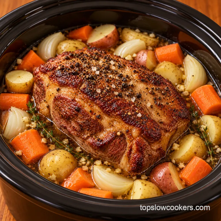 Beef roast with carrots, potatoes, and onions in a slow cooker.