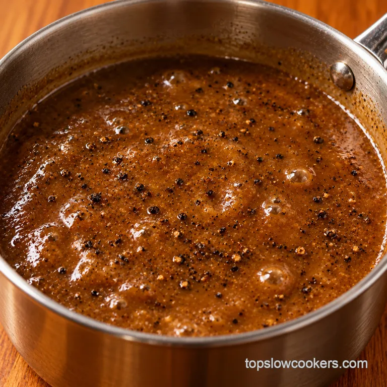 Thick brown peppercorn gravy simmering in a saucepan.