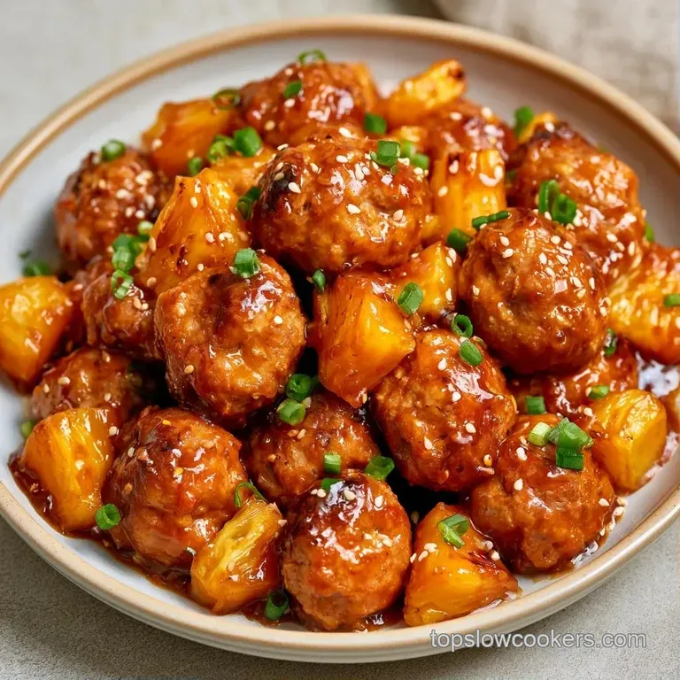 Glazed brown meatballs and golden pineapple chunks on a white platter, topped with fresh green onions and sesame.