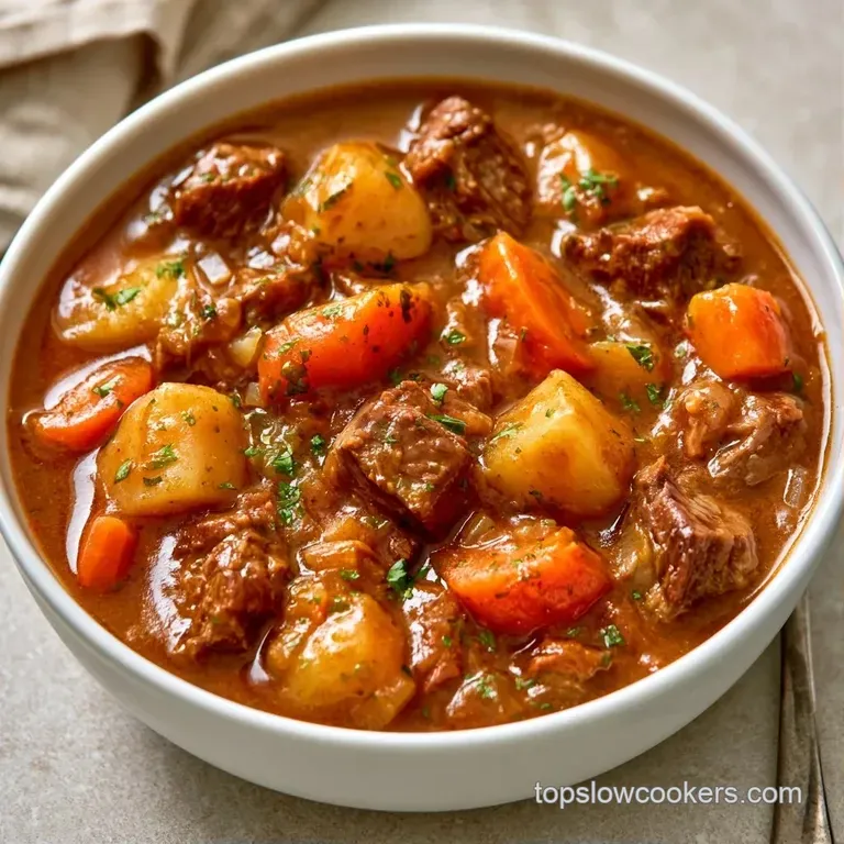 A deep ceramic bowl of steaming beef and vegetable stew garnished with fresh parsley on a rustic wooden tabletop.