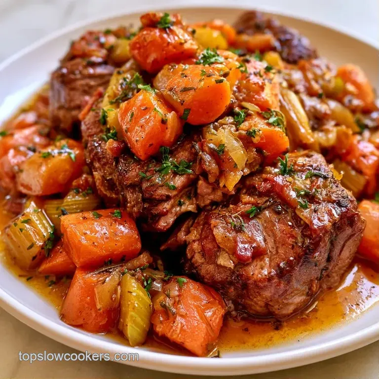 Slices of tender, browned beef served with glazed carrots and butter-yellow potatoes on a clean white ceramic plate.