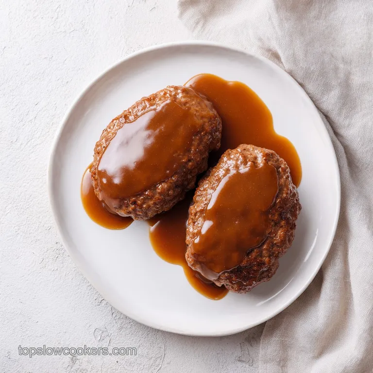 Brown seared meat patties resting on creamy mashed potatoes, drizzled with a dark gravy and fresh green parsley.