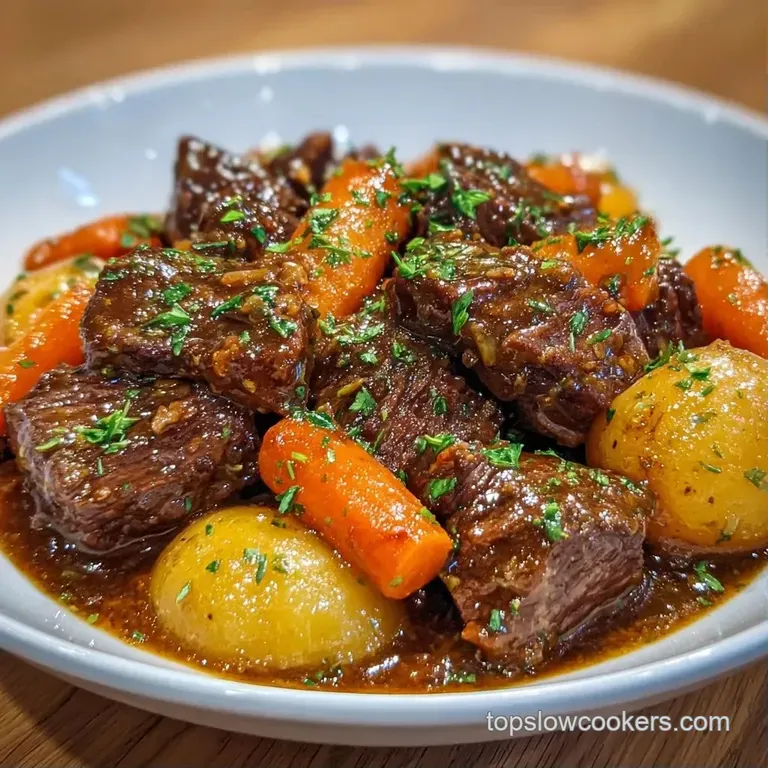 Shredded beef in a dark glossy sauce served over a mound of fluffy white mashed potatoes with a parsley garnish.