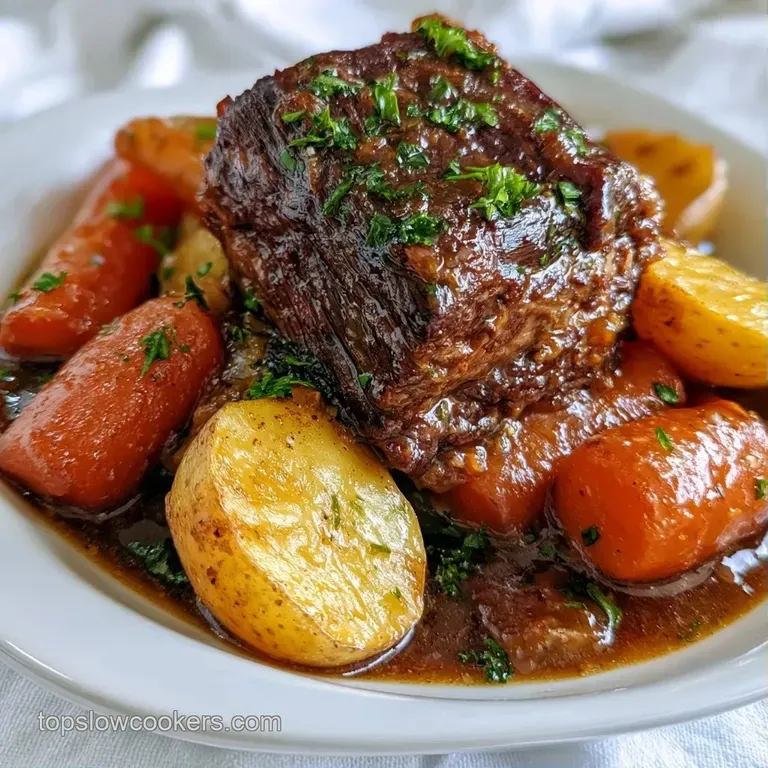 Elegant slices of juicy beef atop creamy mashed potatoes and glazed carrots, drizzled in a glossy brown sauce.