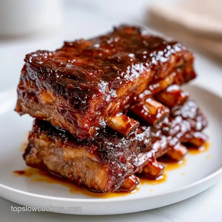 Glazed beef ribs stacked neatly atop creamy mashed potatoes, garnished with vibrant sprigs of fresh green parsley.