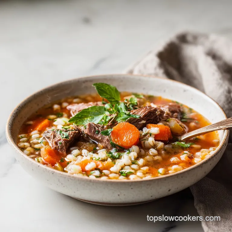 A spoonful of rich beef barley soup with glistening broth and colorful vegetables, artfully arranged in a white bowl.