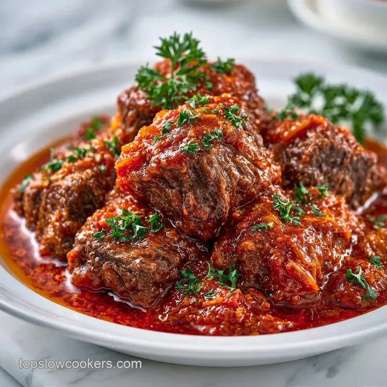 Rich red beef stew with soft carrots and potatoes served in a clean white bowl with a garnish of fresh green parsley.