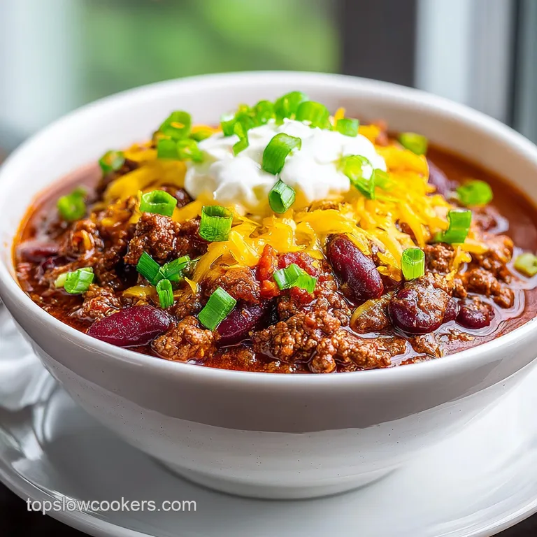 A bowl of rich, dark red chili with a dollop of cream, chopped green onions, and a sprinkle of shredded cheese. Comfort fo...