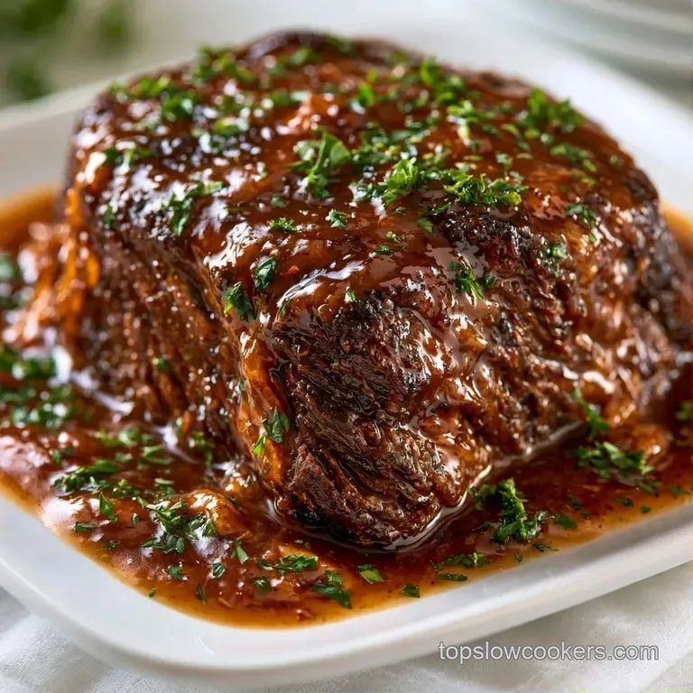 Slices of succulent, tender beef alongside glazed carrots and buttery potatoes, garnished with fresh green parsley.